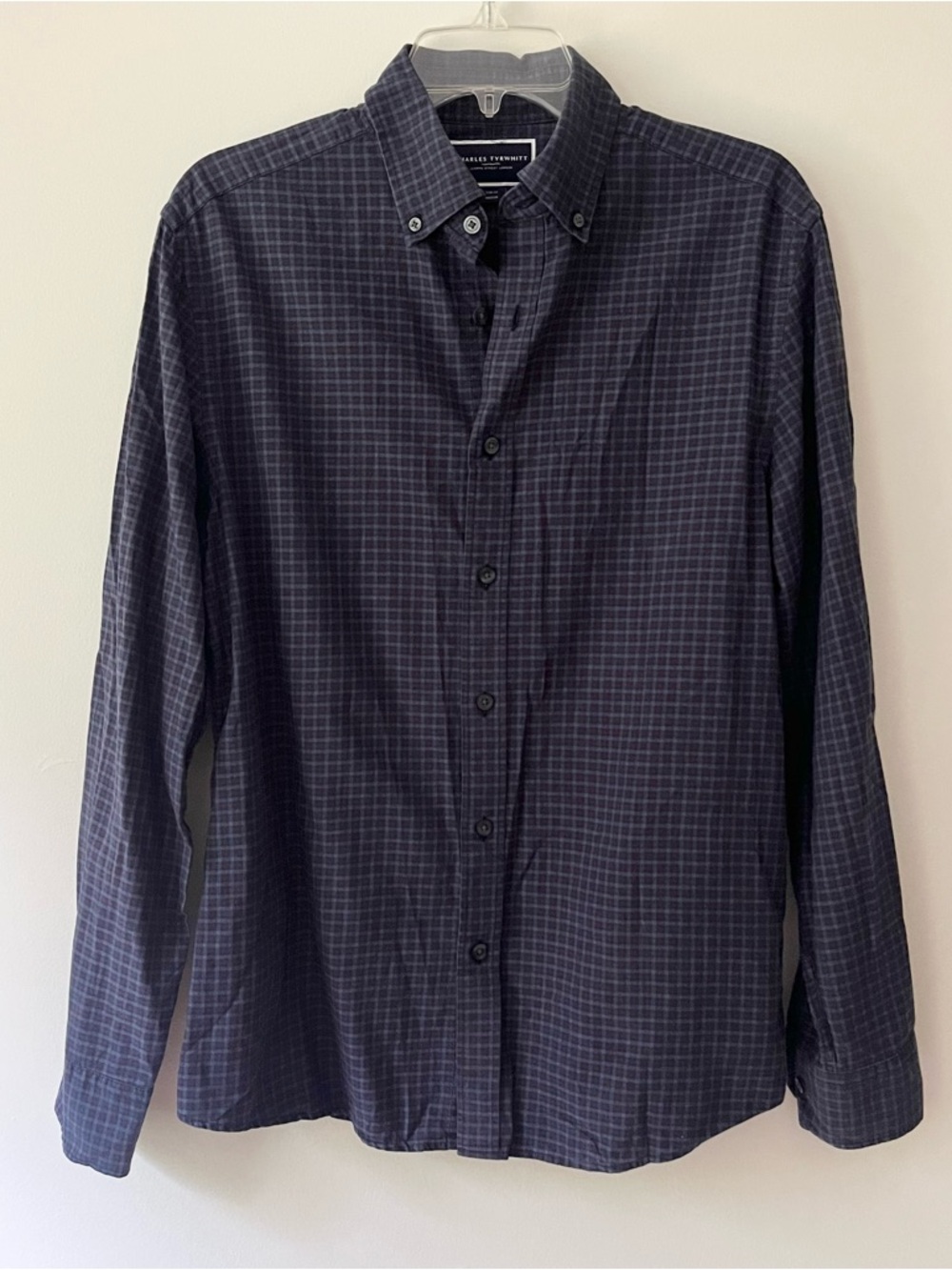 Men's Charles Tyrwhitt Slim Fit Button Down Shirt Medium Blue Plaid Cotton